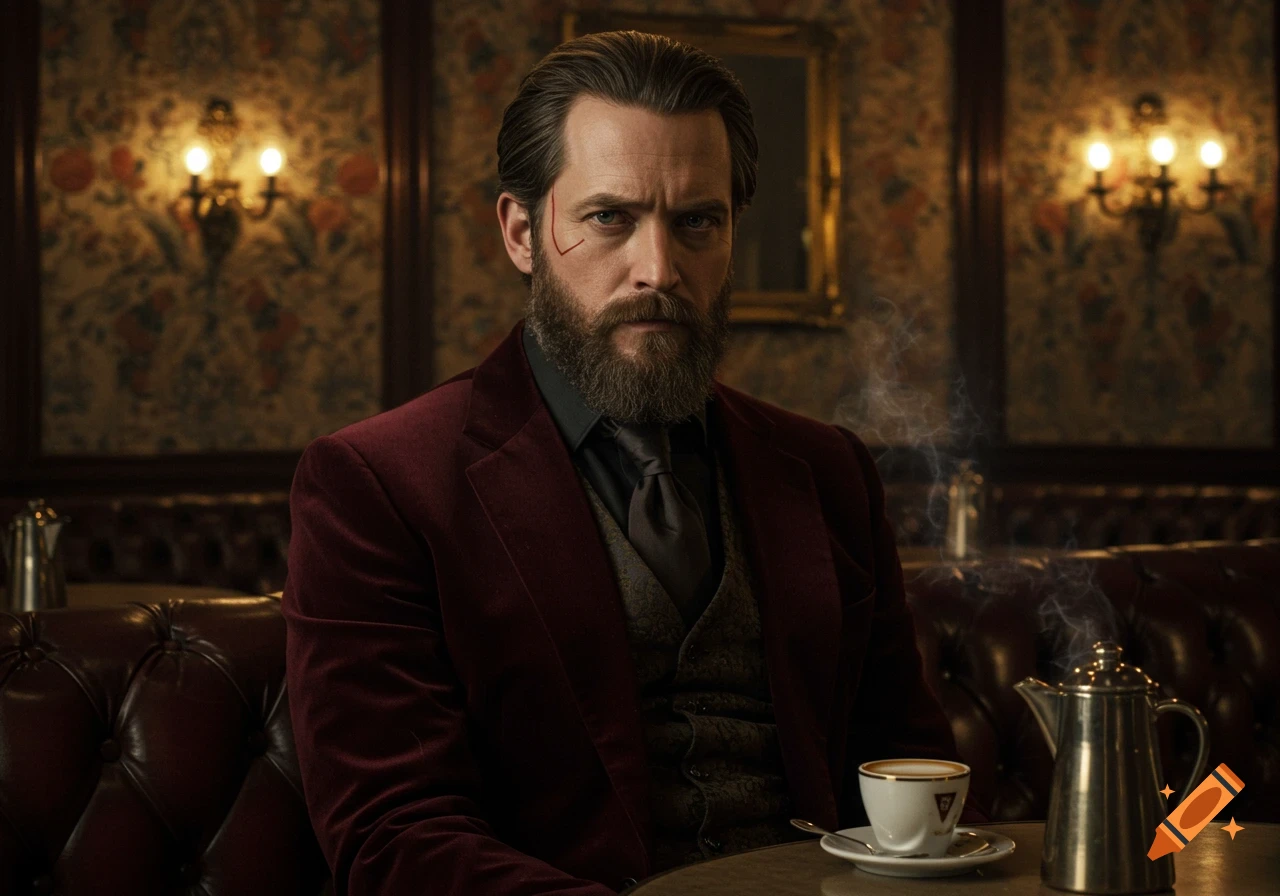 A serious man with a beard and a facial scar in a red velvet suit sits in a dimly lit, ornate cafe, with a steaming cup of coffee.