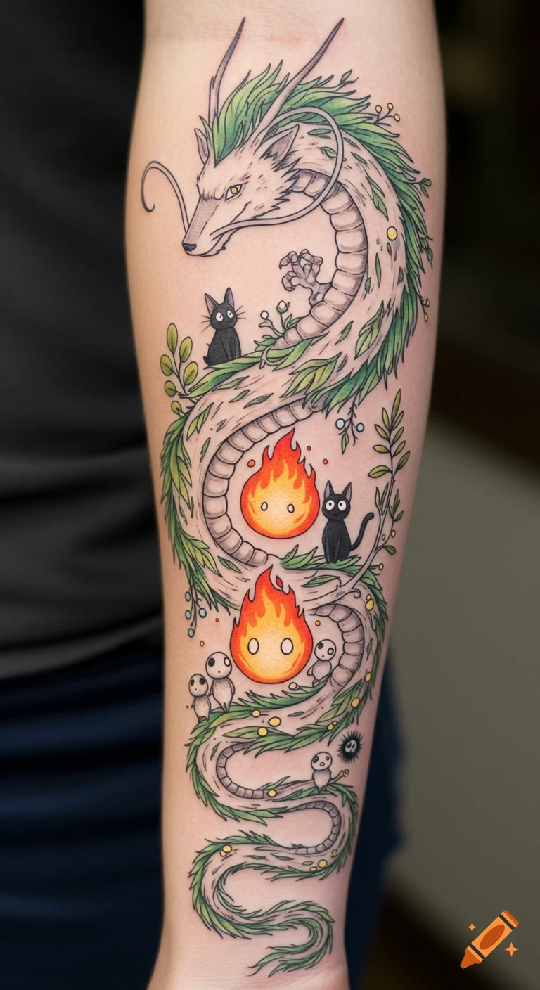Colorful anime-inspired tattoo on an arm featuring a vine dragon Haku with Calcifer, Jiji, Kodama, and Soot Sprites.
