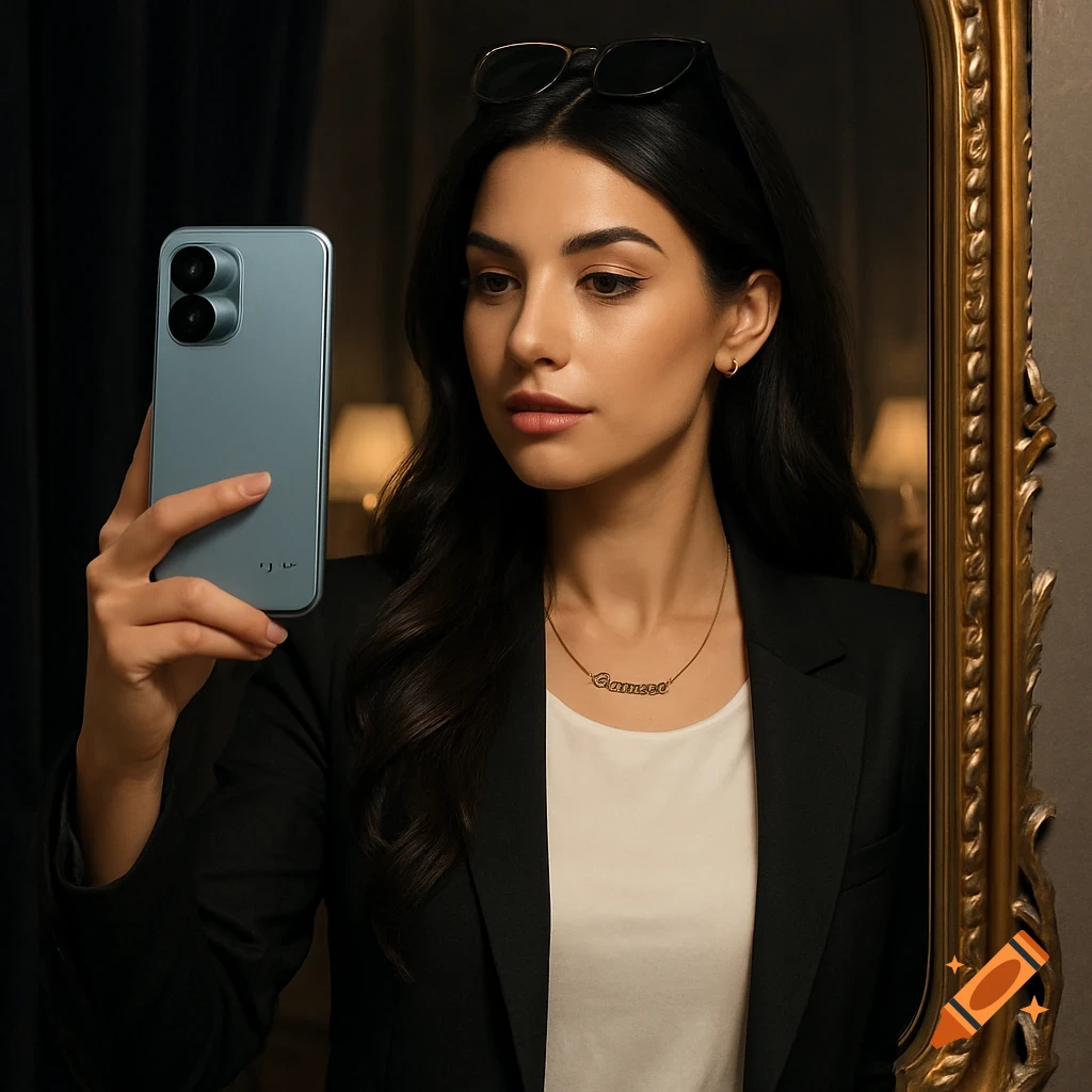 A stylish woman taking a selfie in a mirror with a light blue smartphone, wearing a black blazer and a gold necklace.