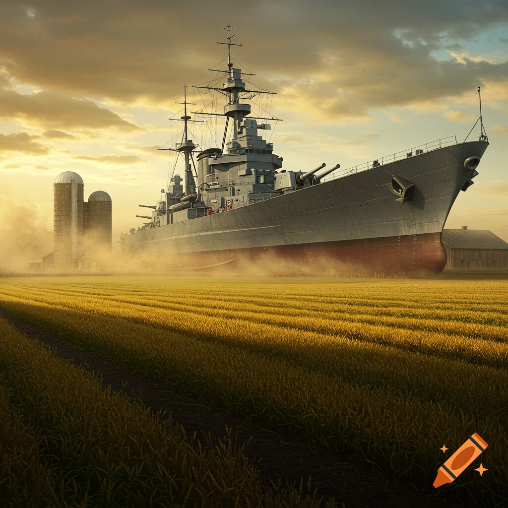 A large battleship rests in a golden wheat field with farm silos and a barn under a dramatic sunset sky.