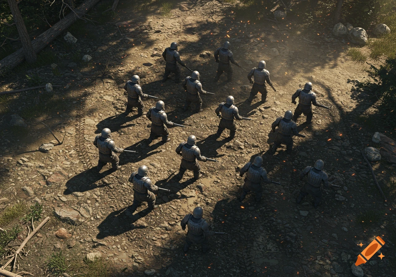 Top-down view of an armored grunt troop marching through a dusty forest path, with sparks in the air.