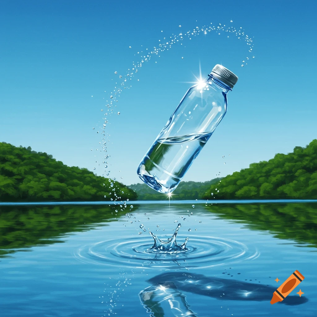 A clear plastic water bottle flips over a calm lake, creating a splash with water droplets arcing in the air, framed by green hills under a blue sky.