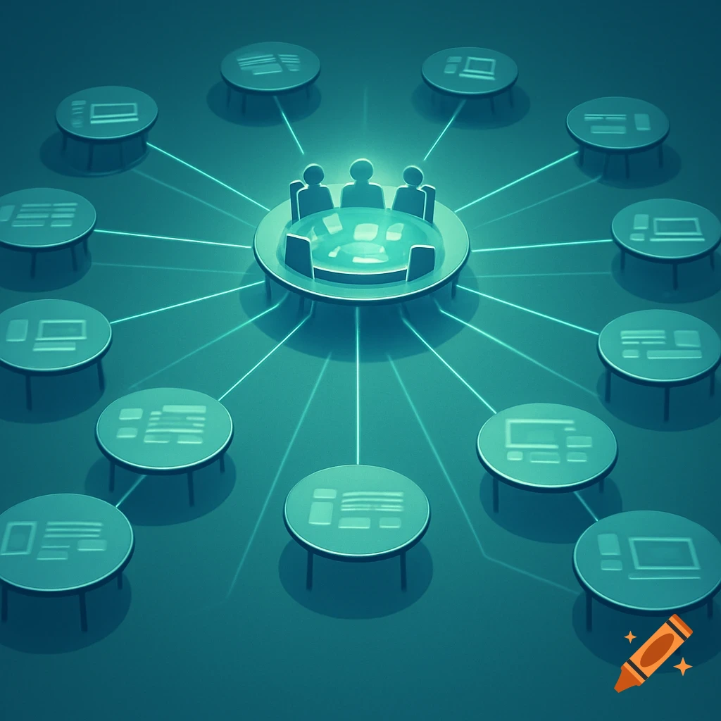 Abstract digital image of a central core group coordinating with multiple satellite tables connected by glowing lines, in teal and blue tones.