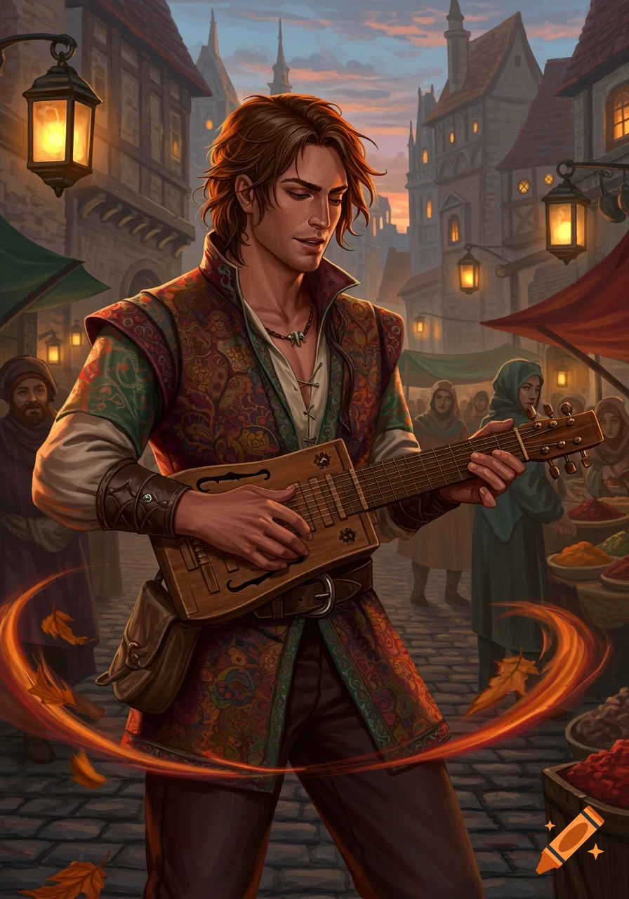 A handsome bard with brown wavy hair plays a unique stringed instrument in a bustling medieval market square at dusk, with lanterns glowing.