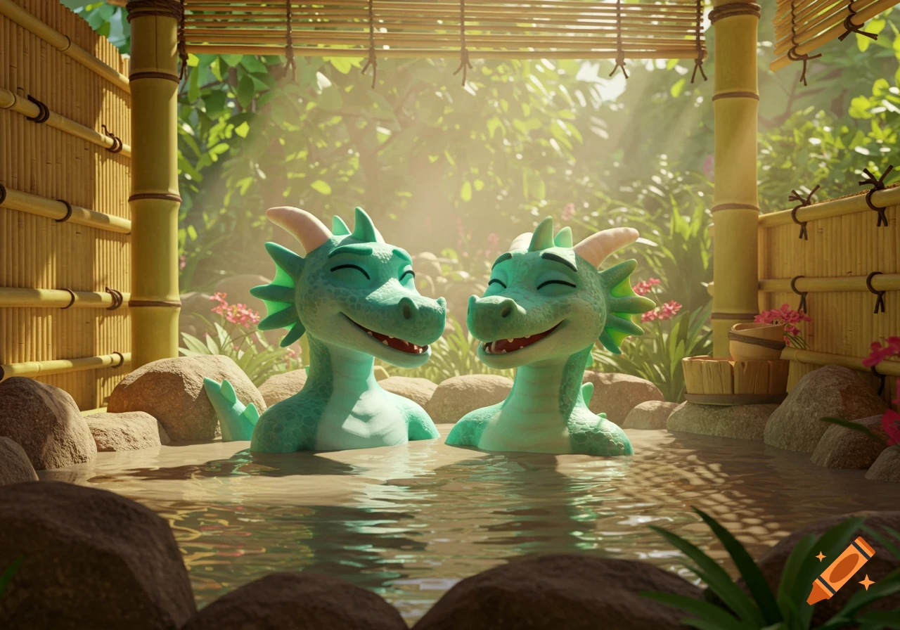 Two adorable green cartoon dragons happily relaxing together in a steamy mud hot tub in a lush bamboo forest.