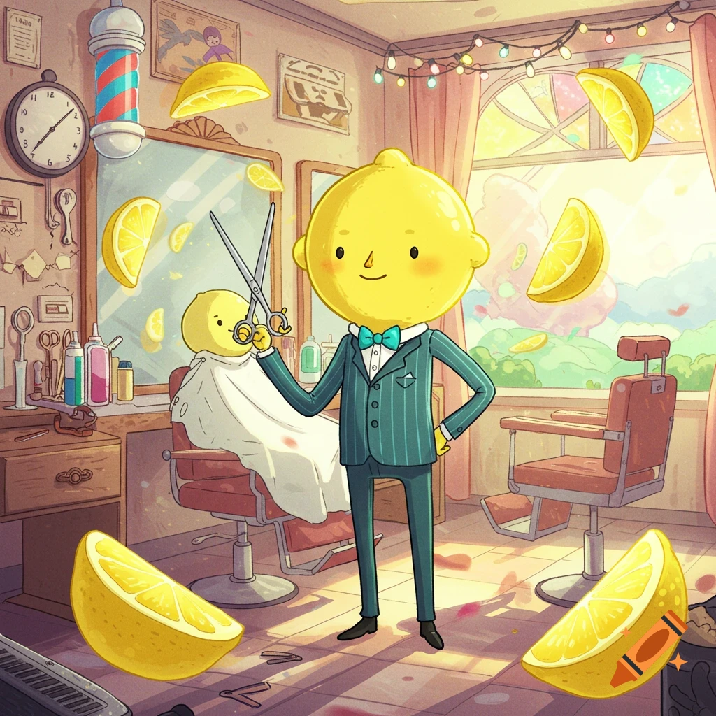 A cartoon lemon character dressed in a suit and bow tie acts as a barber, holding scissors and standing in a colorful barber shop with floating lemon slices, a clock, and barber chairs.
