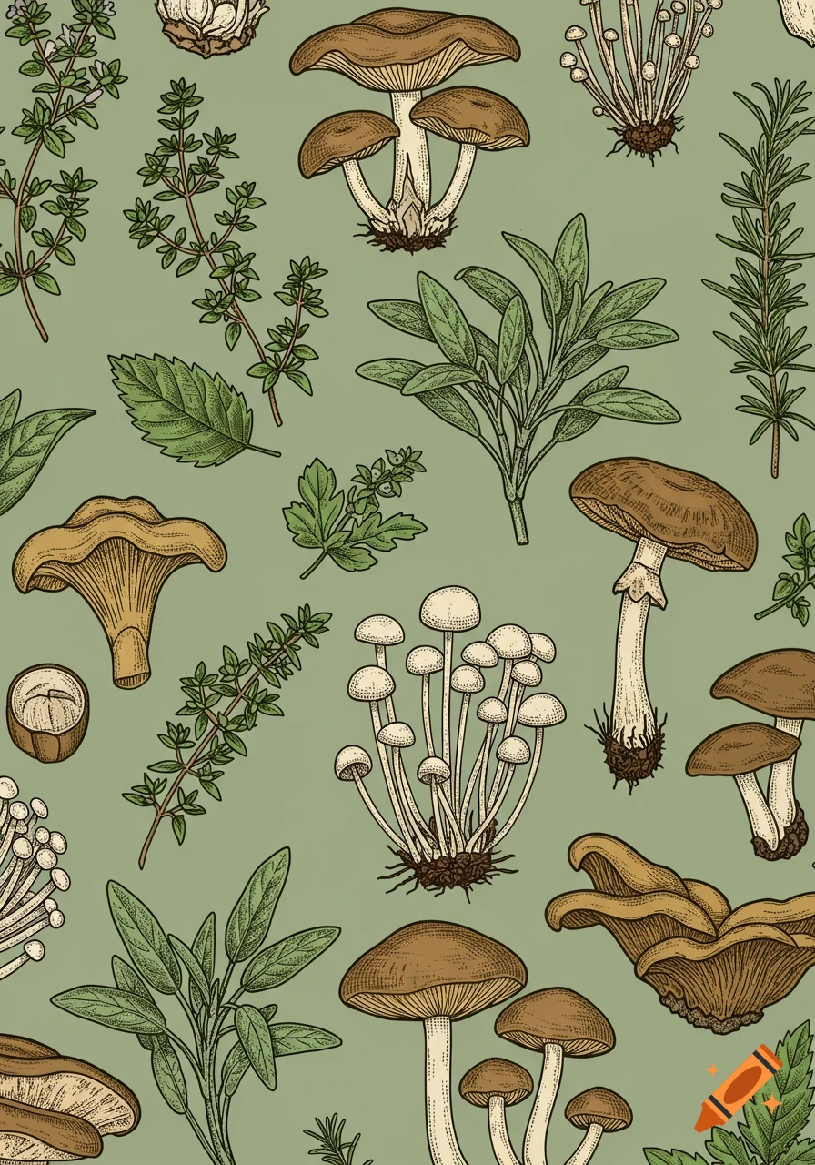 Vintage illustration pattern of various brown and white mushrooms and green herbs on a sage green background.