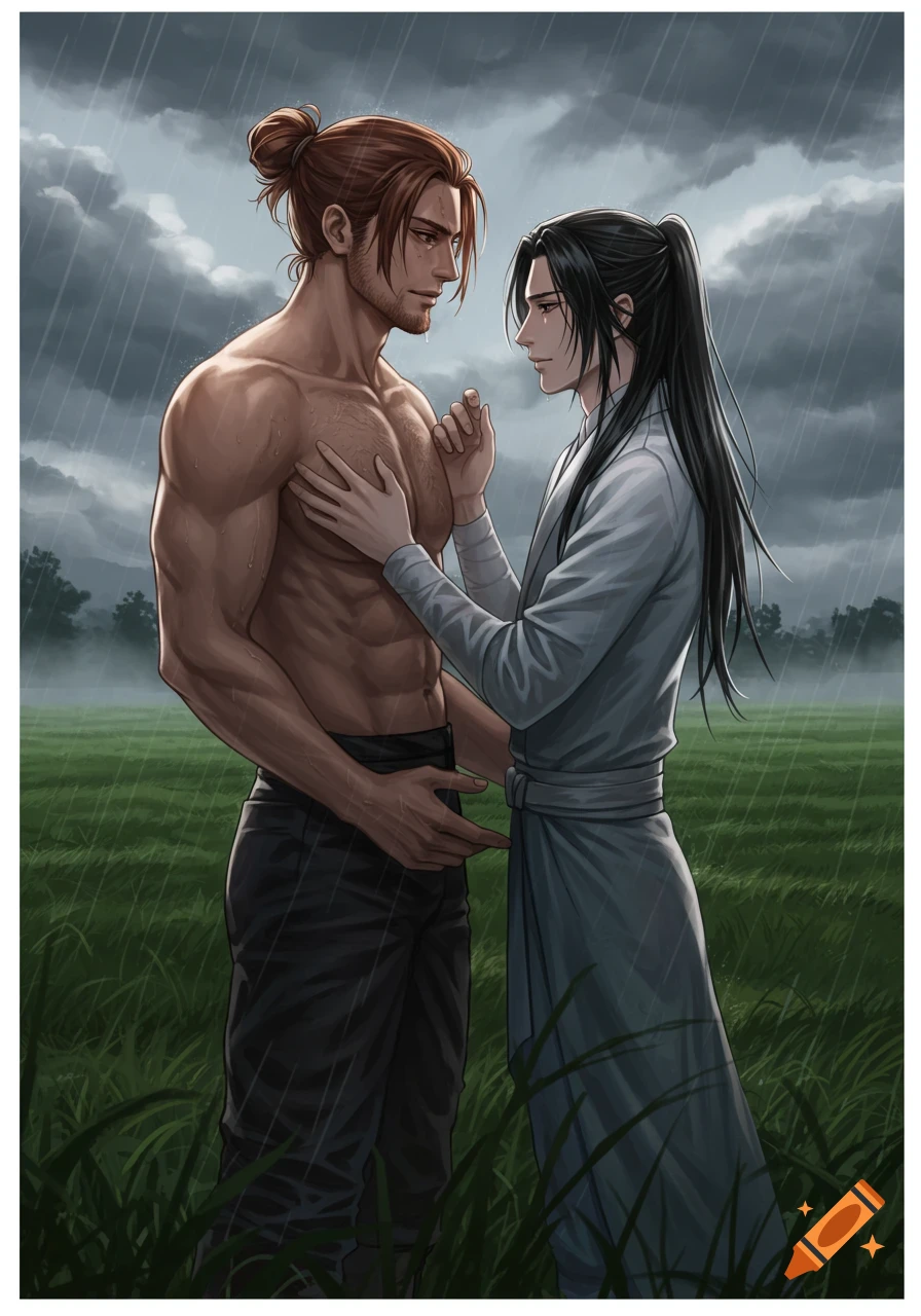 Two men, one shirtless with a bun, the other in robes, embrace intimately in a rainy field under a cloudy sky, in a detailed anime style.