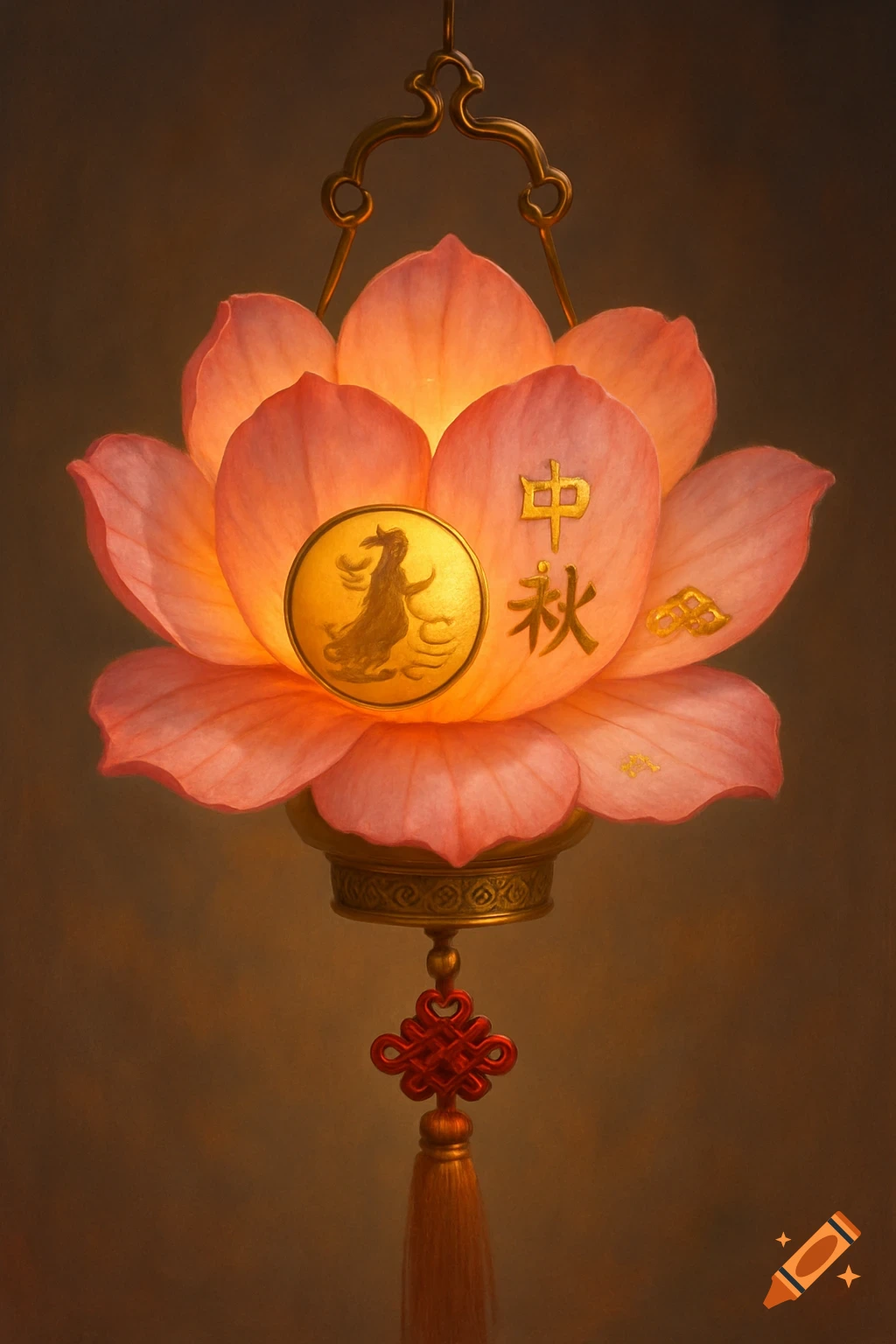 A glowing lotus-shaped lantern with golden Chinese characters, a golden medallion, and a red Chinese knot.