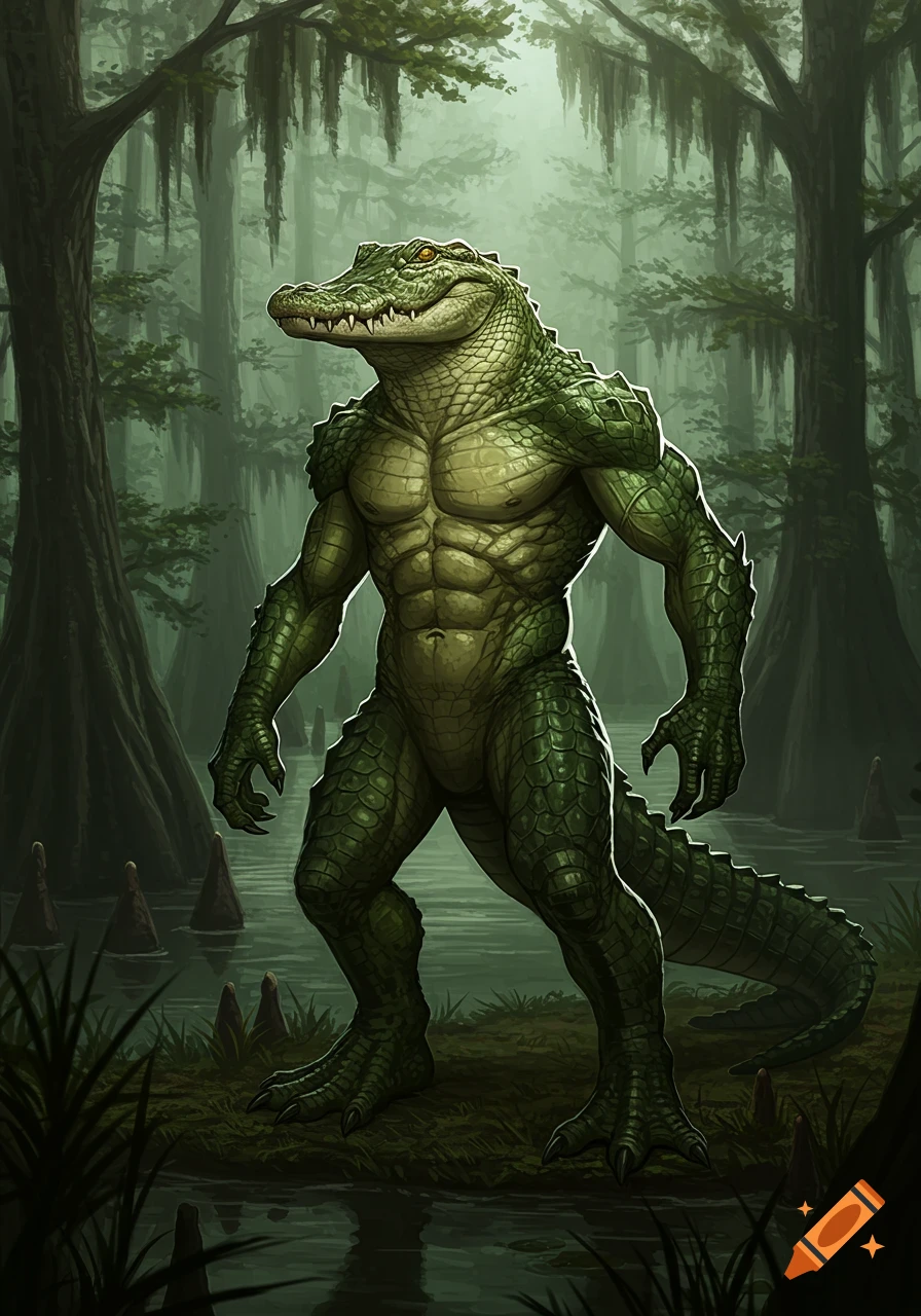 A muscular, green humanoid alligator stands in a dark, misty swamp, surrounded by cypress trees.