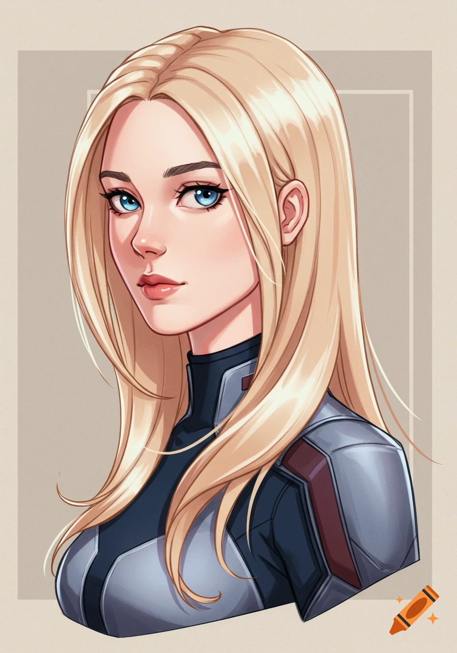 Anime drawing of a blonde woman with blue eyes, wearing a dark and silver superhero suit, looking forward.