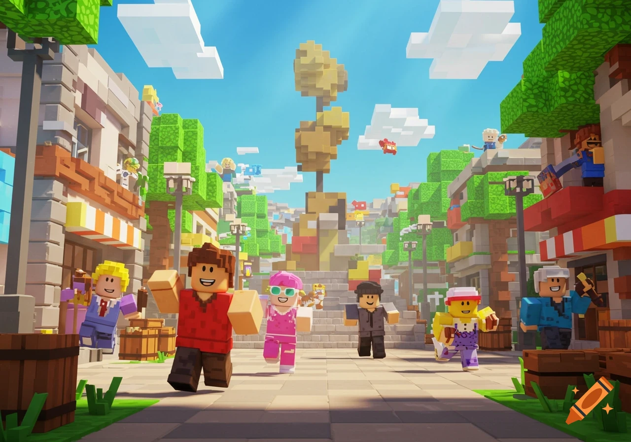 Blocky characters in a vibrant voxel-art city with buildings, trees, and a central monument under a blue sky.