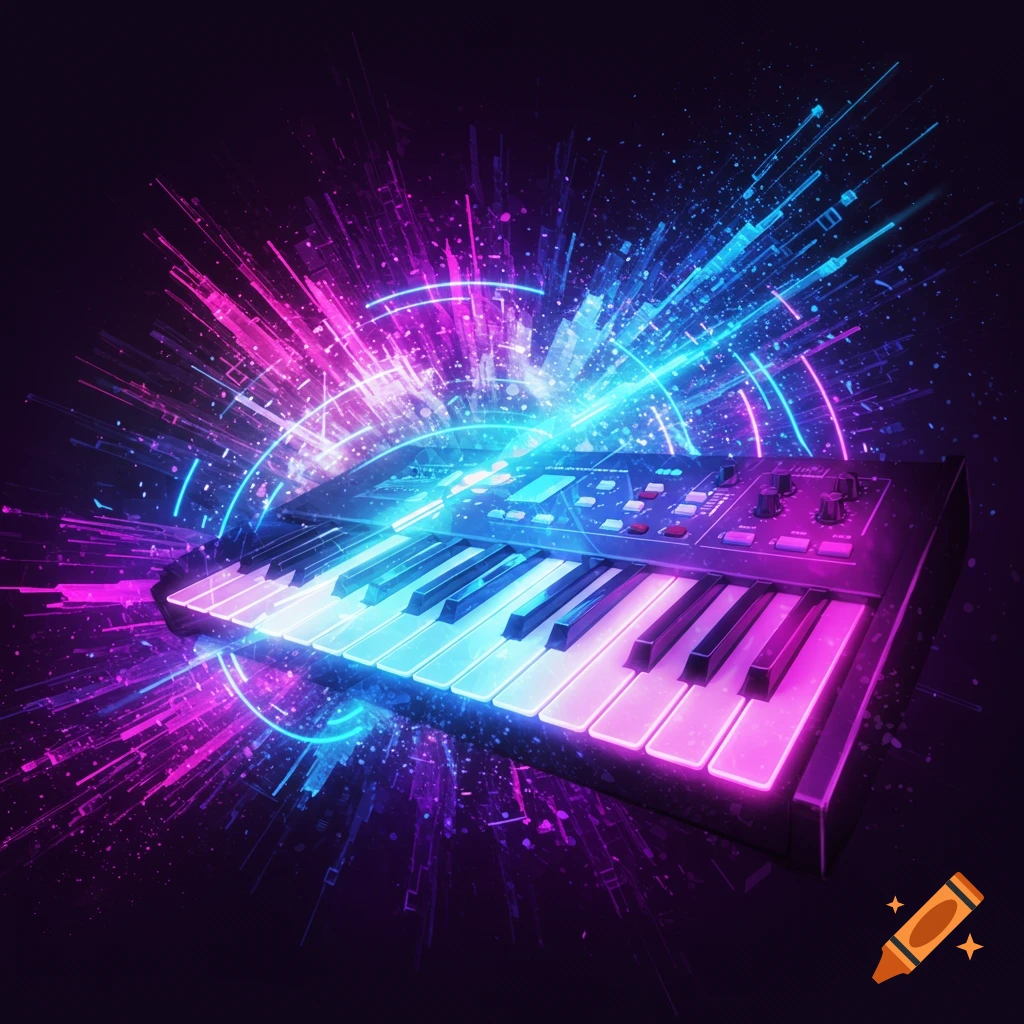 A vibrant electronic keyboard glows with pink and blue neon light, surrounded by energy bursts in a digital art style.
