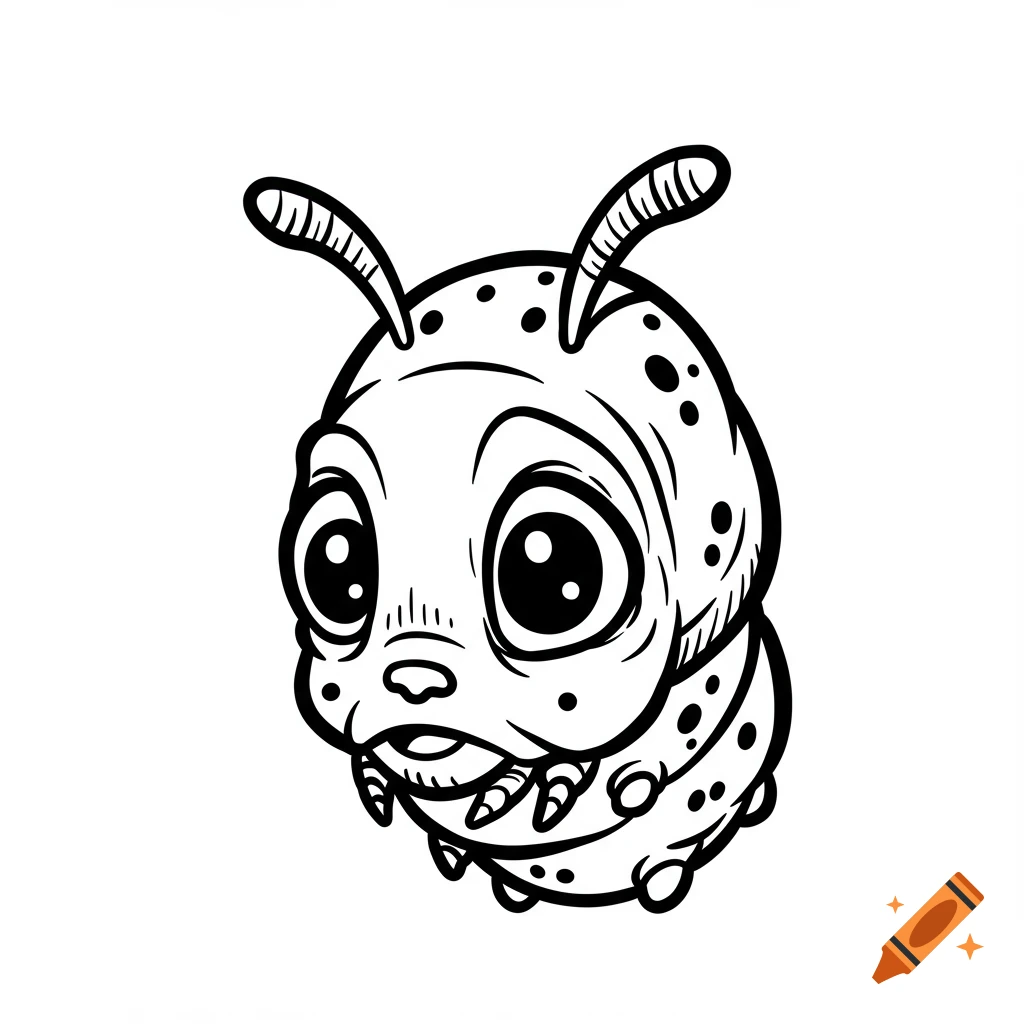 A black and white cartoon illustration of a cute caterpillar head with large eyes and antennae.