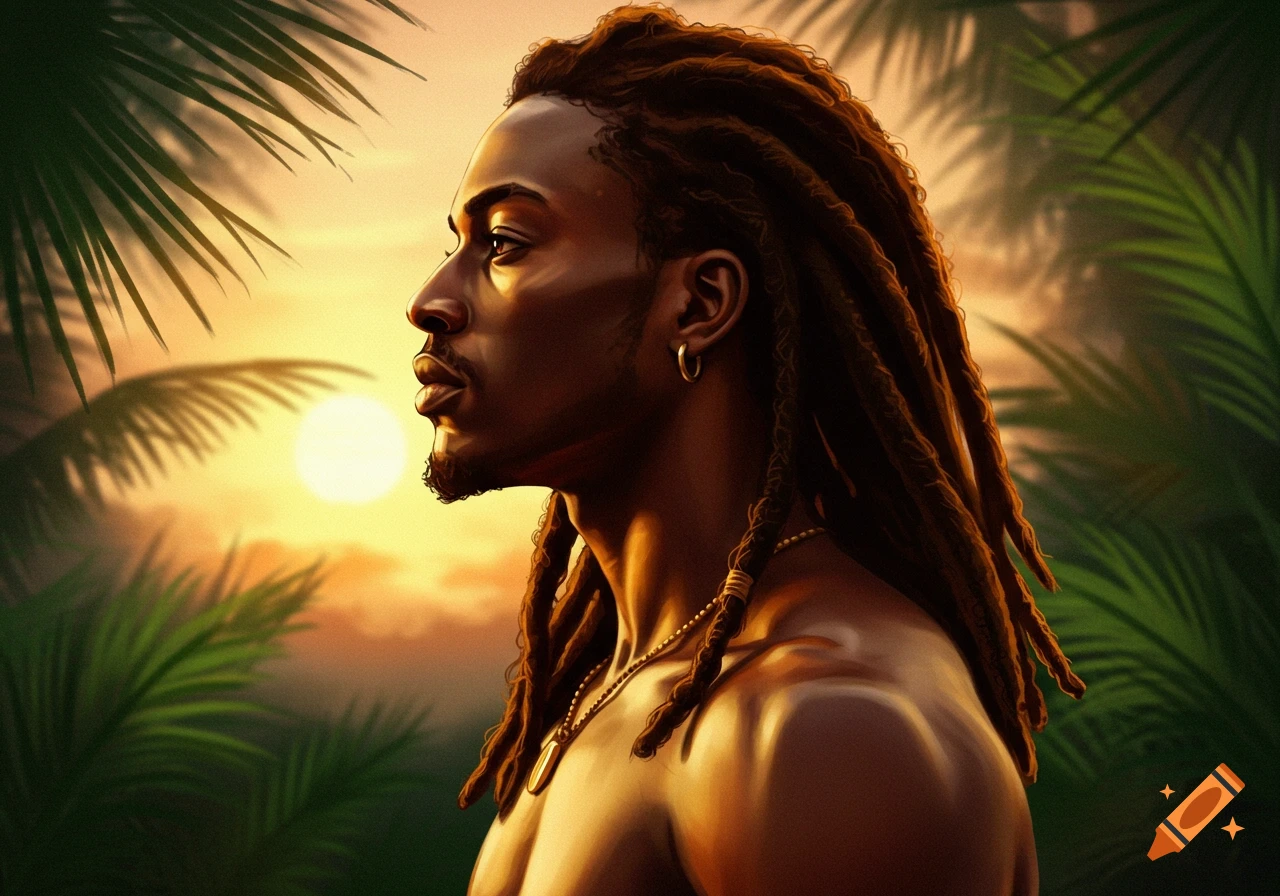 A profile portrait illustration of a Black man with dreadlocks, shirtless, against a tropical sunset background with palm leaves.