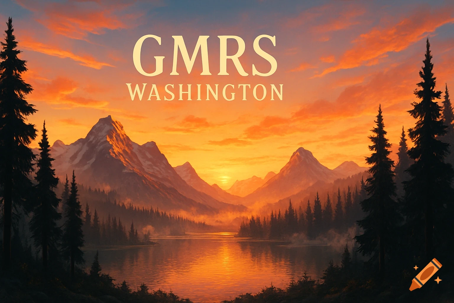 Golden sunrise over a mountain lake surrounded by pine trees, with the text 'GMRS Washington' in the sky.