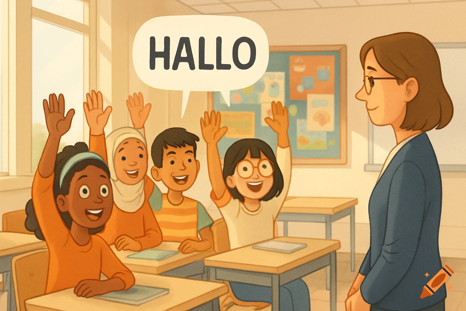 A cartoon of a teacher looking at smiling students in a classroom with raised hands, one saying "HALLO".