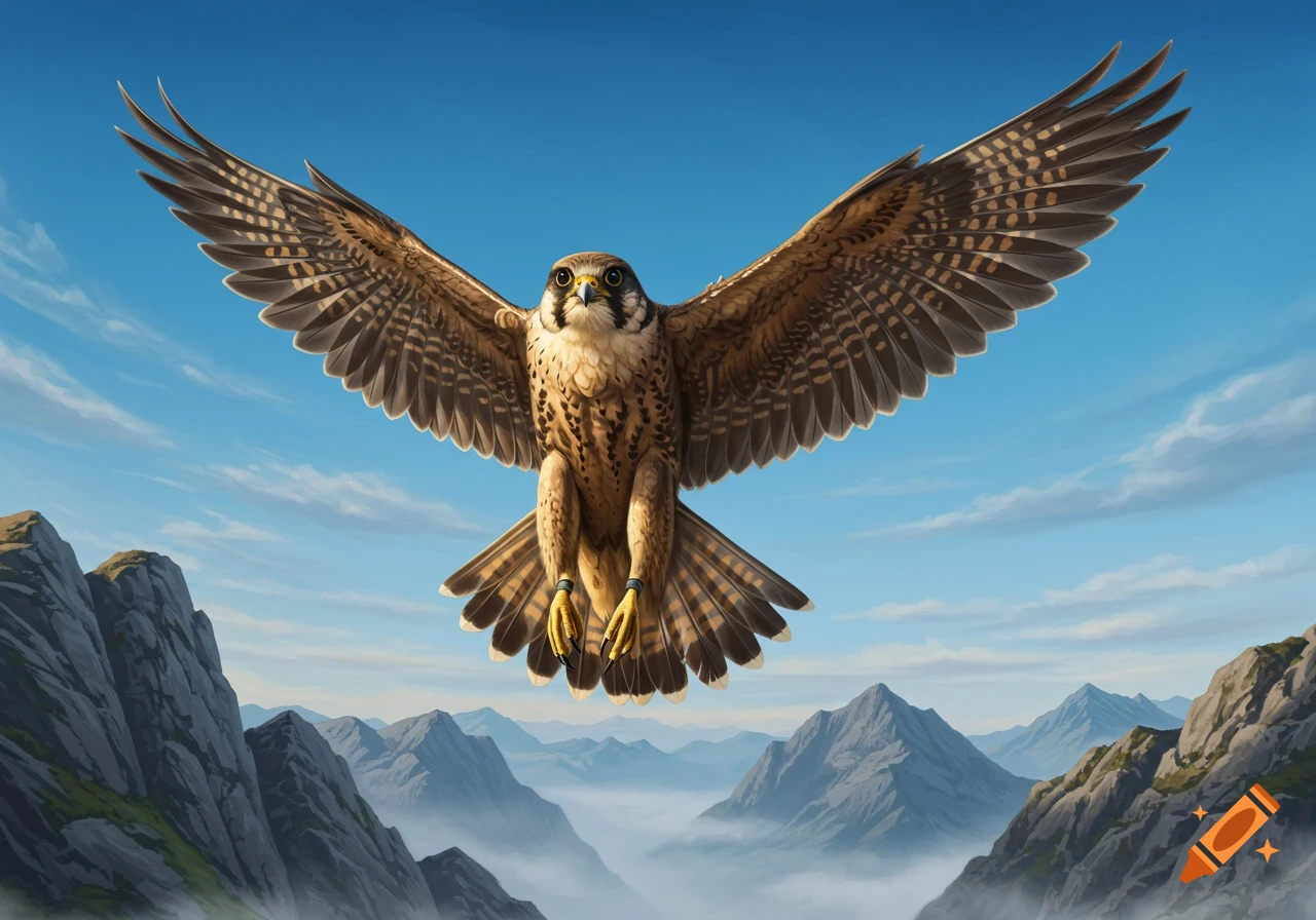A brown and white falcon flies with outstretched wings over misty mountains under a clear blue sky.