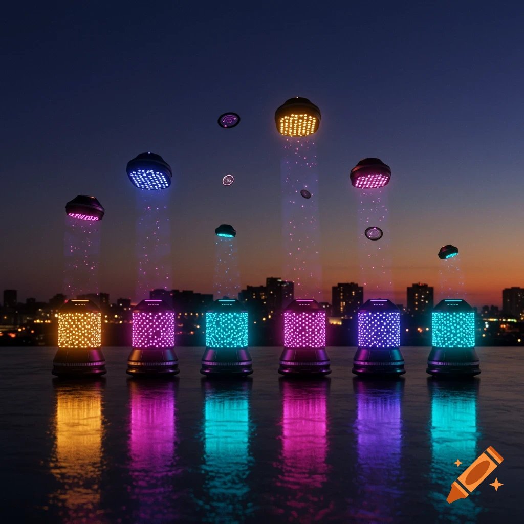 Futuristic glowing LED lanterns in vibrant colors reflect on a surface against a city skyline at dusk.