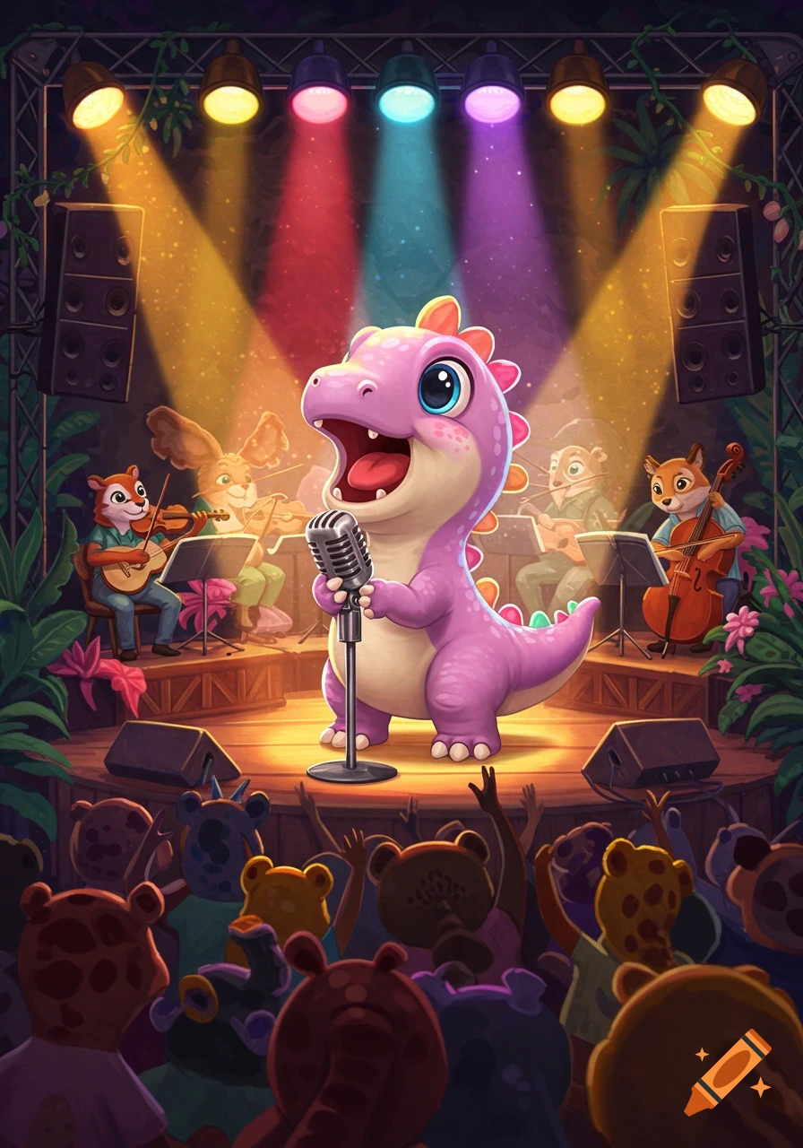 Vibrant cartoon of a cute purple dinosaur singing on stage with animal musicians and a cheering fuzzy animal audience.