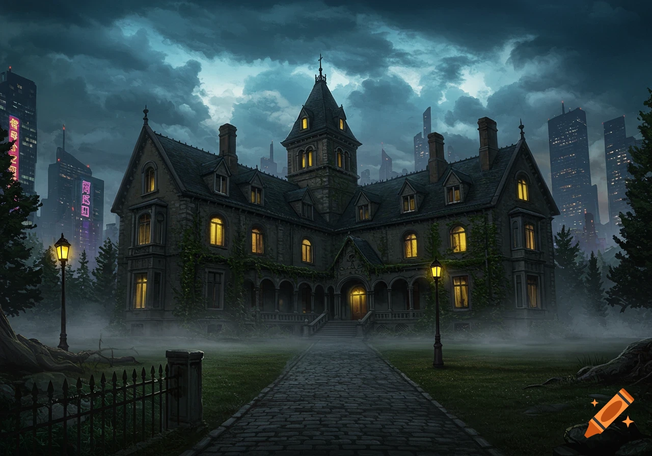 A moody, dark gothic manor with glowing windows sits on a misty lawn with a cobblestone path, backed by a cyberpunk city at night.