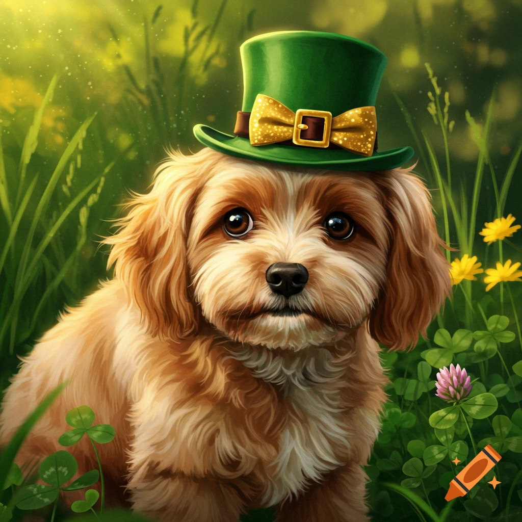 A fluffy cavoodle dog wearing a green leprechaun hat with a gold bow, sitting in green grass with clovers and yellow flowers.