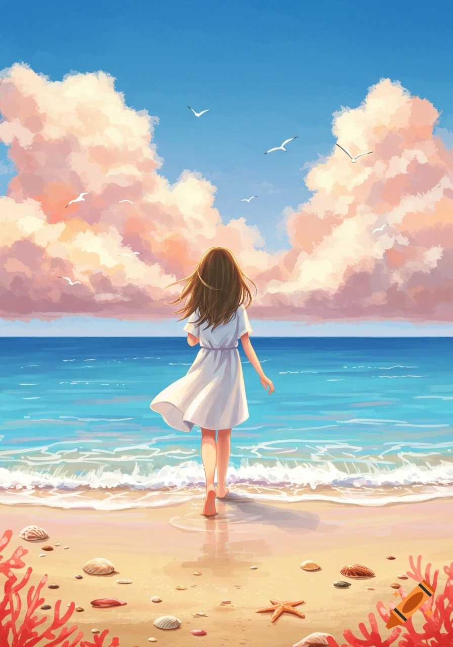 Anime illustration of a girl in a white dress walking barefoot into the ocean on a sandy beach under a blue sky with pink clouds.
