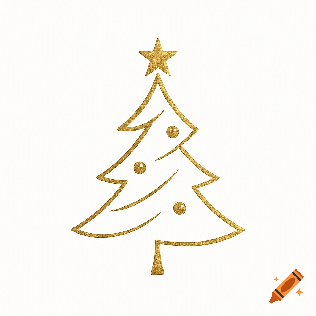 A simple gold glitter outline of a Christmas tree with a star on top and three ornaments on a white background.