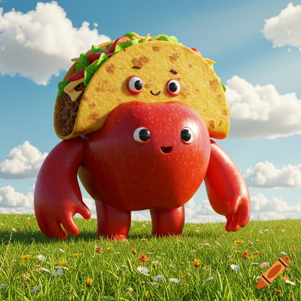 A cartoonish red apple-like creature with arms and legs, carrying a smiling taco on its head, stands in a vibrant green field under a blue sky.