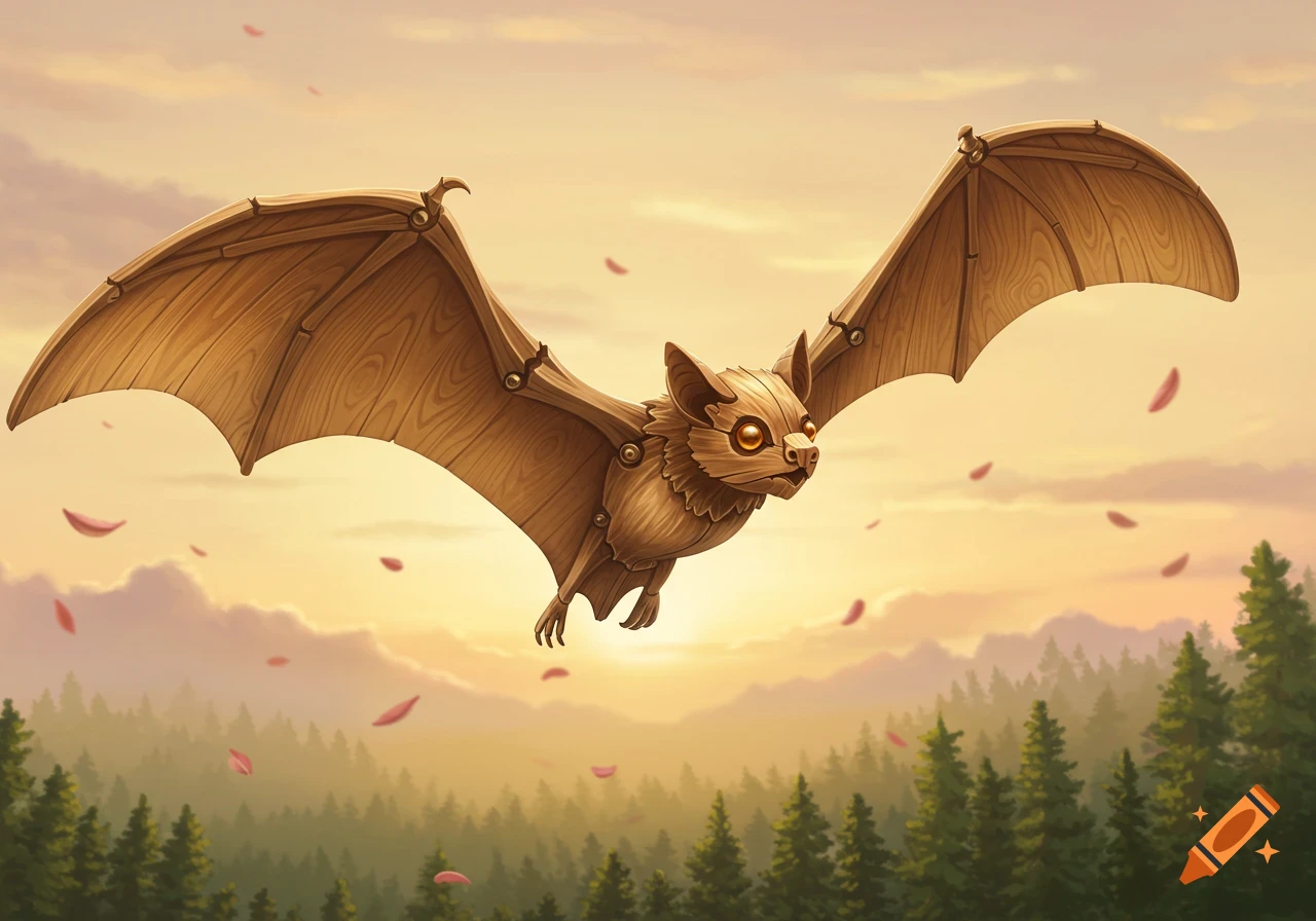 A whimsical, detailed wooden bat with glowing orange eyes flies over a forest at sunset, with red leaves falling.
