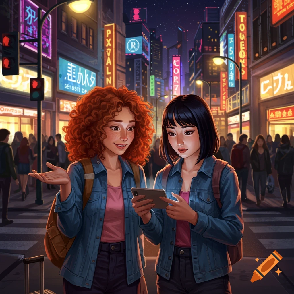 Two women with backpacks and a suitcase look at a phone on a neon-lit city street at night, with one shrugging.