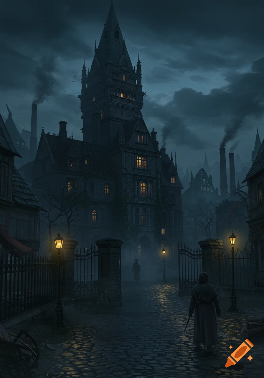 A dark, ominous gothic manor dominates a medieval city street at night, illuminated by streetlights, with figures walking through gates.