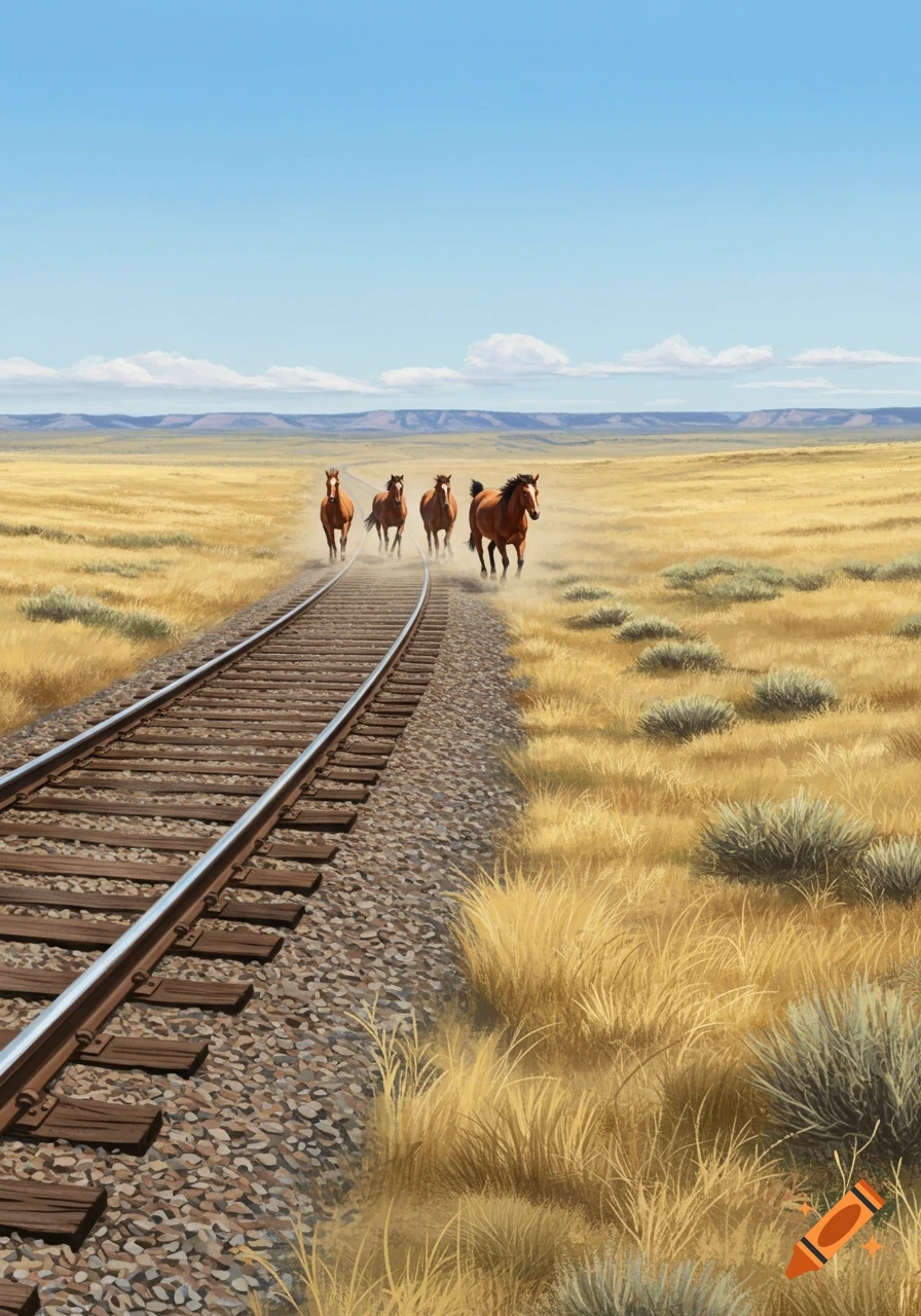 Four wild horses gallop on and next to a train track through a golden steppe landscape under a blue sky.