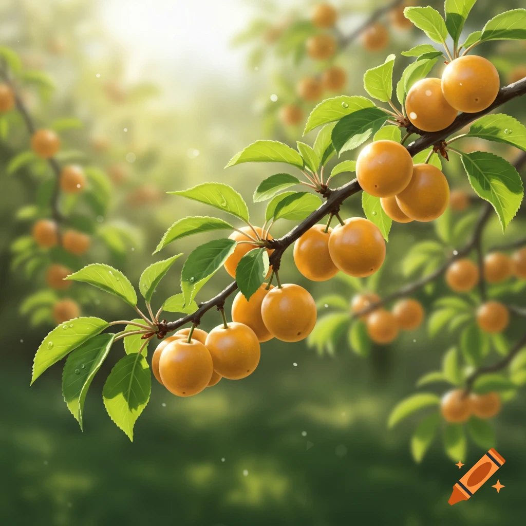 Close-up of a plum branch laden with bright orange mirabelle plums and green leaves, bathed in soft sunlight.
