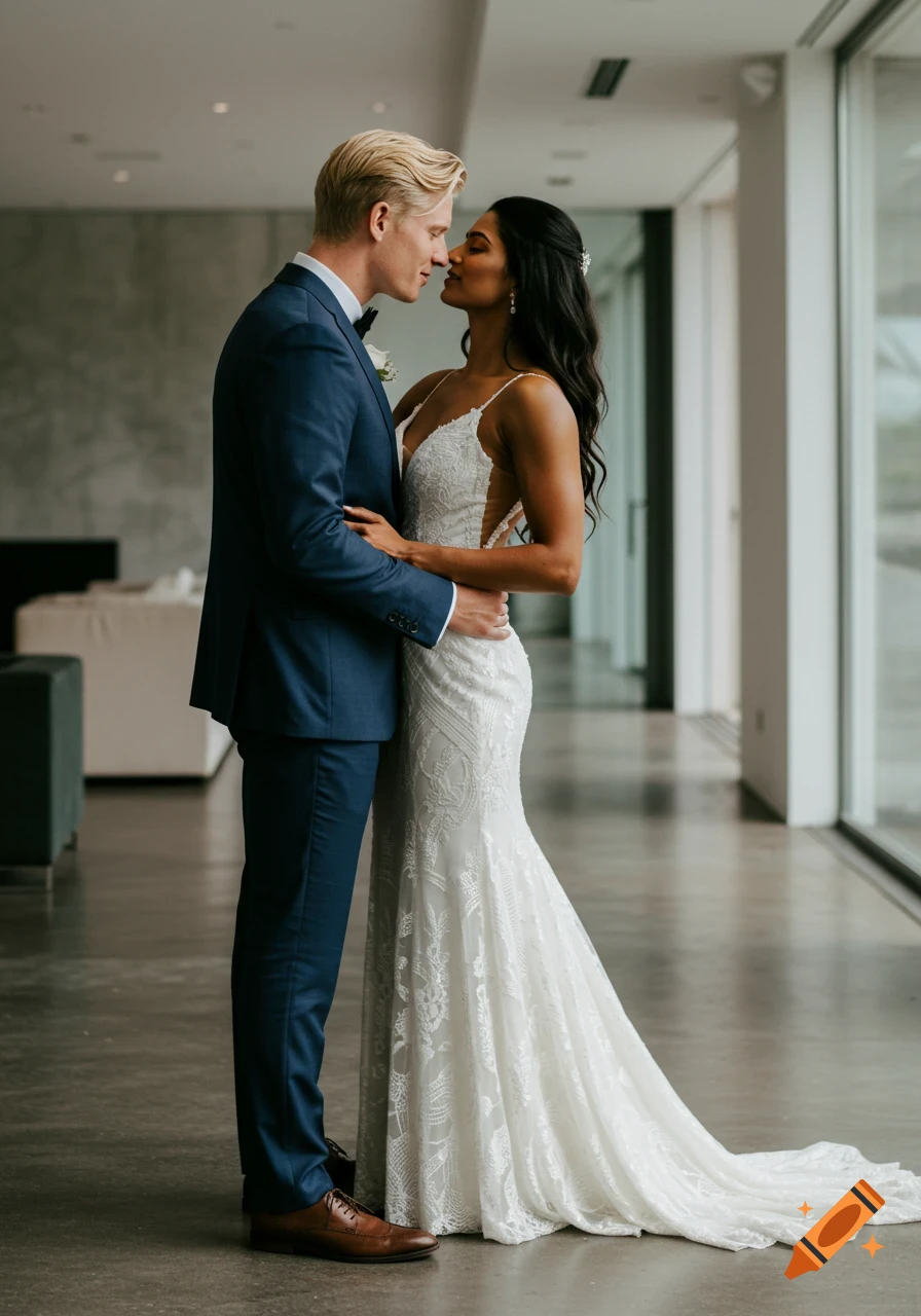 A photorealistic image of an Indian bride in a white lace gown and her Swedish groom in a navy suit, embracing and leaning in for a kiss at a modern wedding venue.