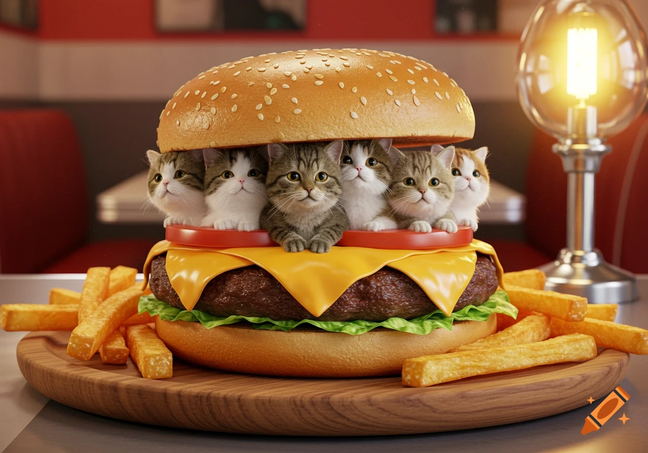 Photorealistic image of multiple cute kittens peeking out from a cheeseburger with lettuce, tomato, and cheese, served with fries on a wooden board.
