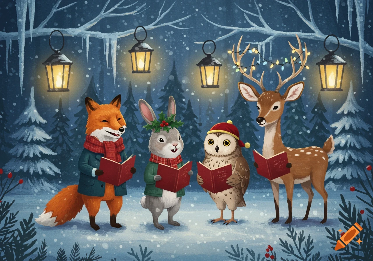 A fox, rabbit, owl, and deer, dressed in winter attire, sing Christmas carols in a snowy forest at night, holding songbooks under lanterns and icicles.