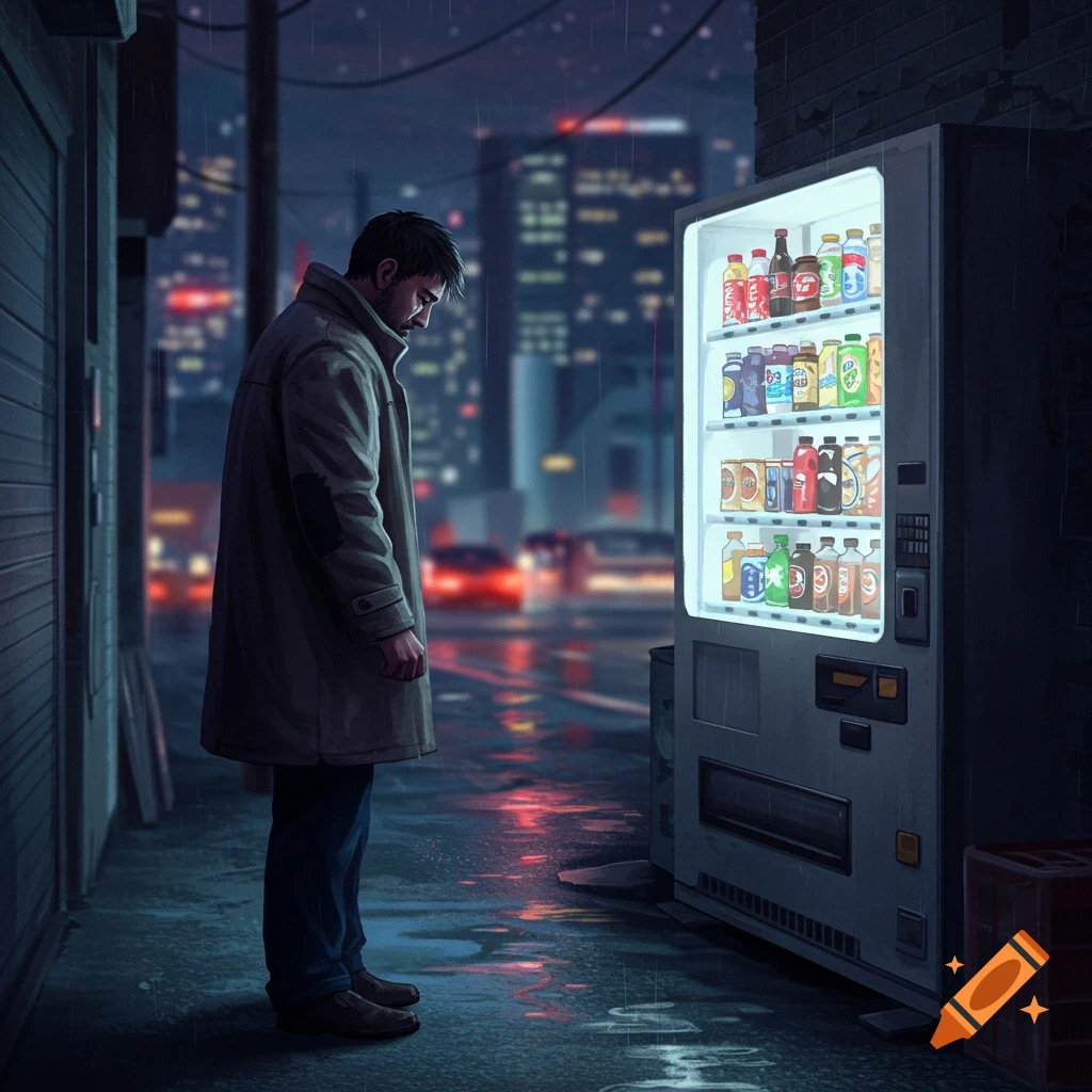 A sad man in a trench coat looks down at a brightly lit vending machine on a rainy city street at night.