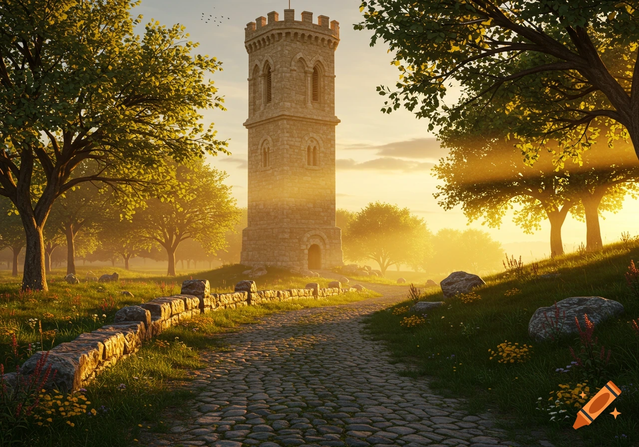 A tall stone tower stands beside a winding cobblestone path through a sun-drenched, tree-filled landscape at golden hour.