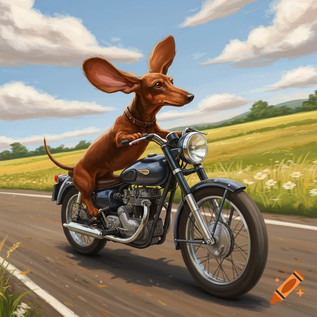 A stylized illustration depicts a brown dachshund with large, floppy ears riding a vintage black motorcycle down a winding road through a sunny green field.