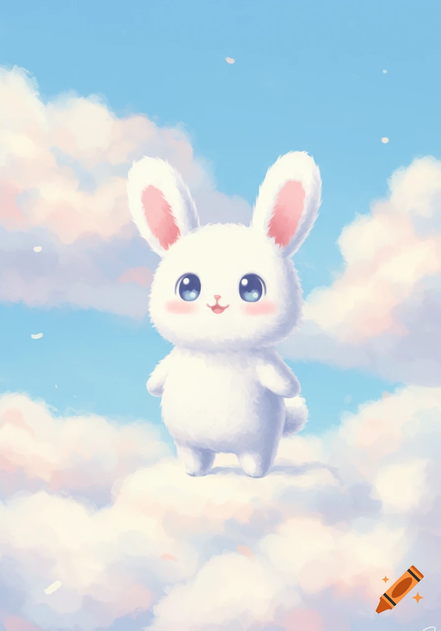 A fluffy white cartoon bunny with blue eyes and pink cheeks stands on a cloud in a blue sky.