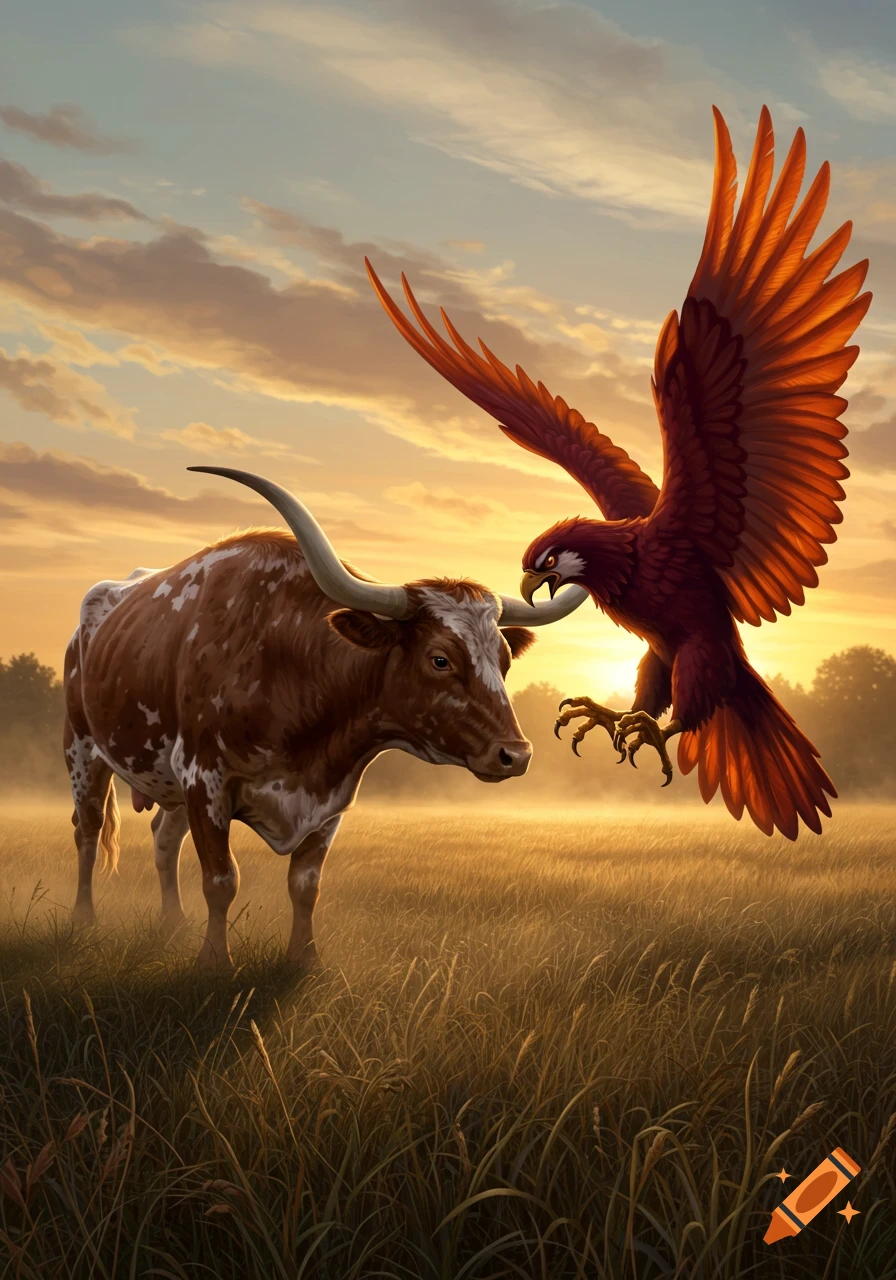A Texas longhorn faces a large red bird descending in a golden, misty field at sunset, digital painting.