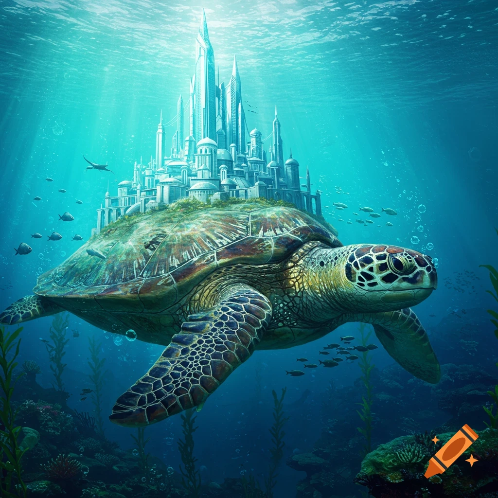 A large sea turtle swims underwater with a detailed fantasy city built upon its shell, surrounded by fish and coral.