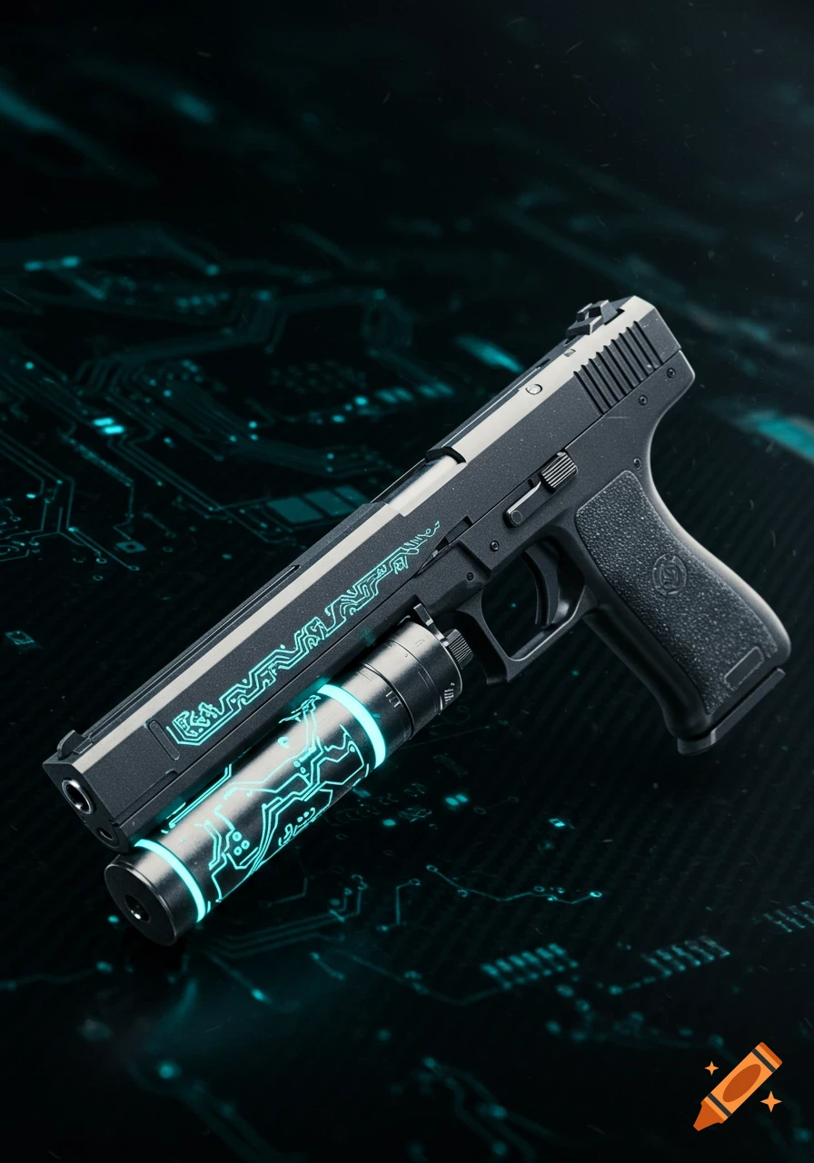 A dark futuristic semi-automatic pistol with glowing blue circuit patterns and an attached glowing blue cylindrical silencer, on a dark circuit board surface.