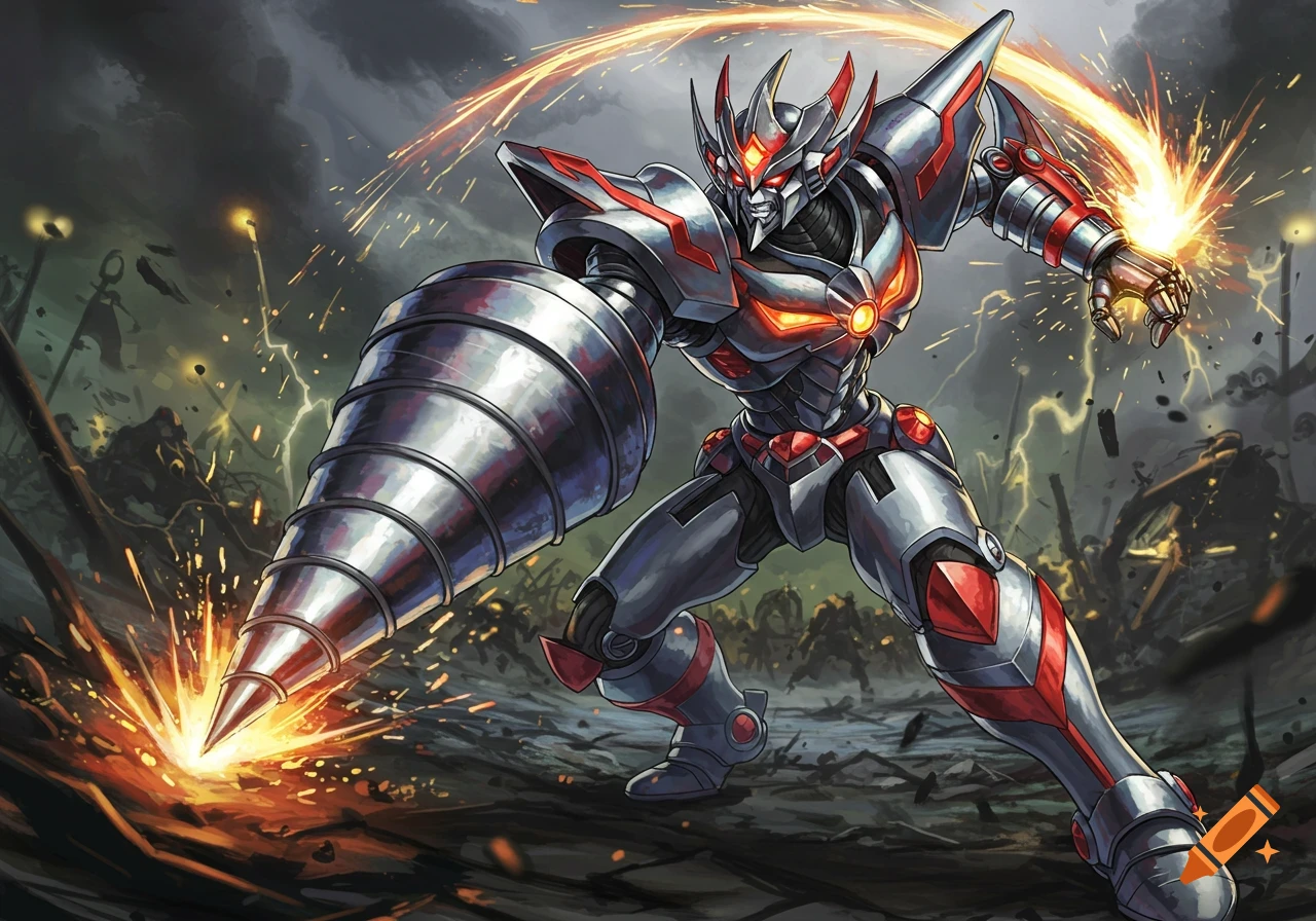 A powerful silver and red mecha with a large drill for an arm sparks and glows in a stormy battle scene, anime style.