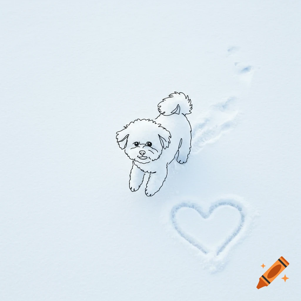 An outline drawing of a fluffy white dog walking in the snow, leaving paw prints and a heart shape behind it.