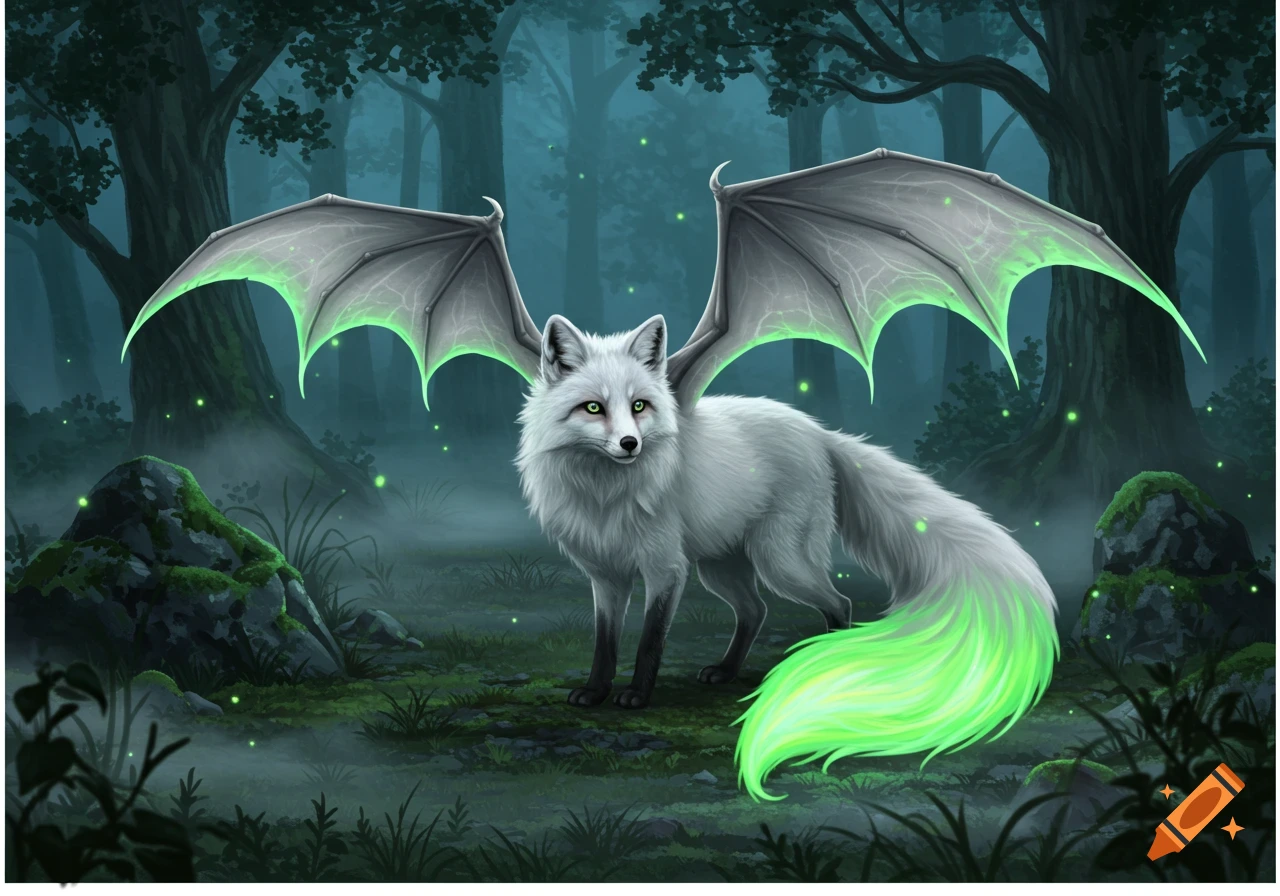 A white fox with bat wings and a glowing neon green tail stands in a mystical, foggy forest with glowing green fireflies.