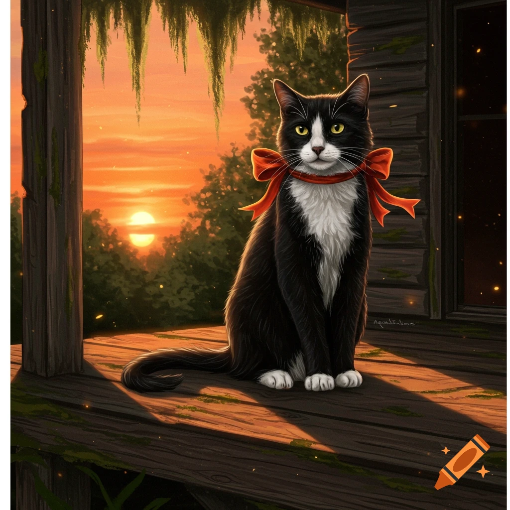 A black and white cat with a red bow sits on a rustic wooden porch at sunset, in a digital art style.