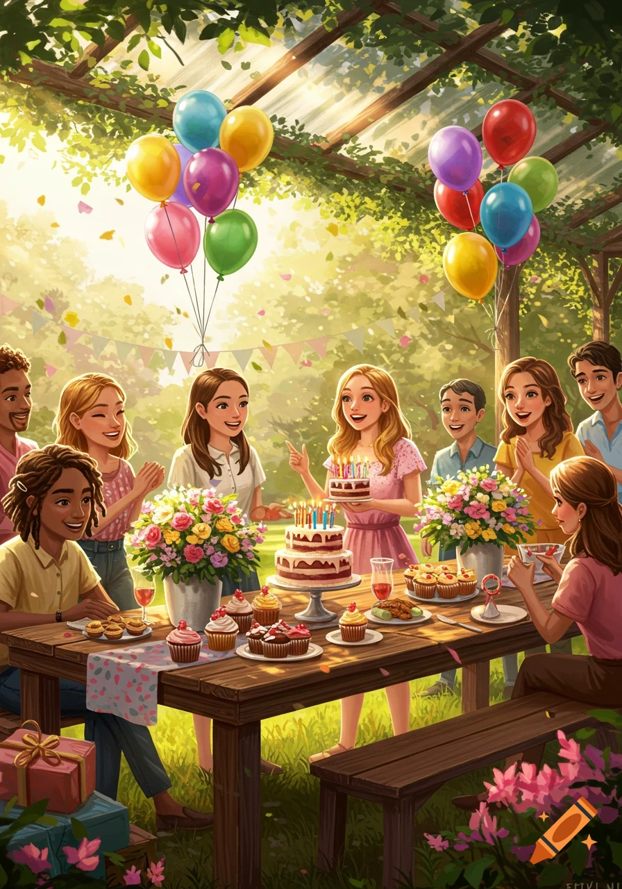 Vibrant illustration of a group of diverse friends celebrating a birthday outdoors with cakes, cupcakes, balloons, and gifts on a sunny day.