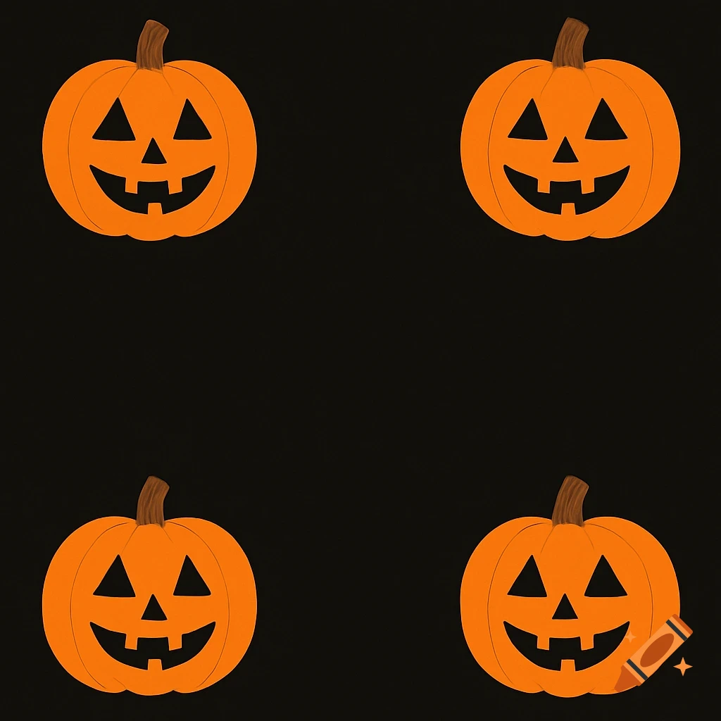 Four identical, smiling orange jack-o'-lanterns with brown stems are placed in the corners of a black background in a clean, flat, clip-art style.